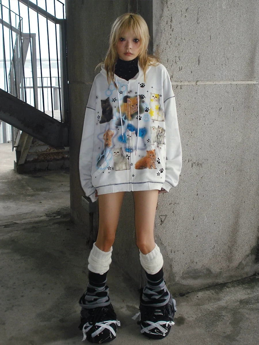 Cat Print Zipper Hoodie