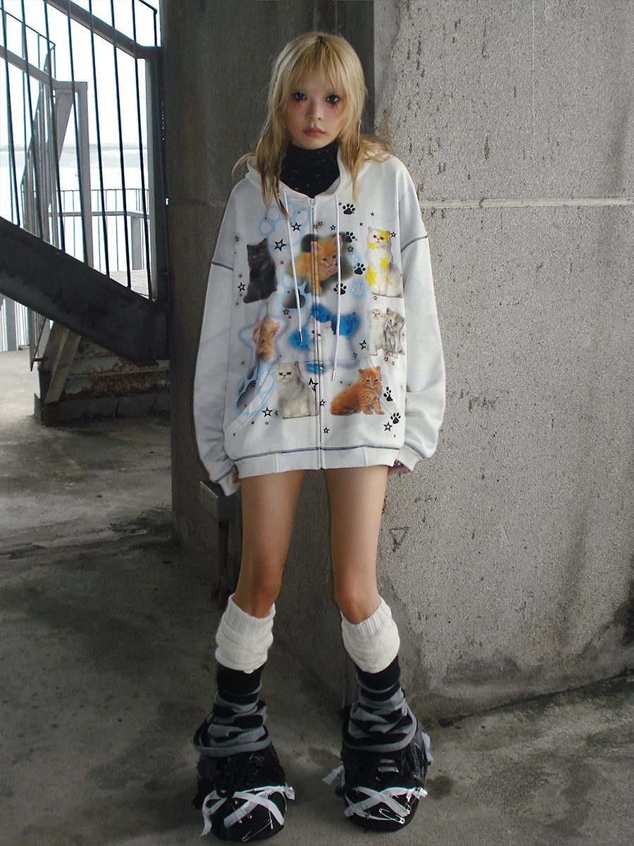 Cat Print Zipper Hoodie
