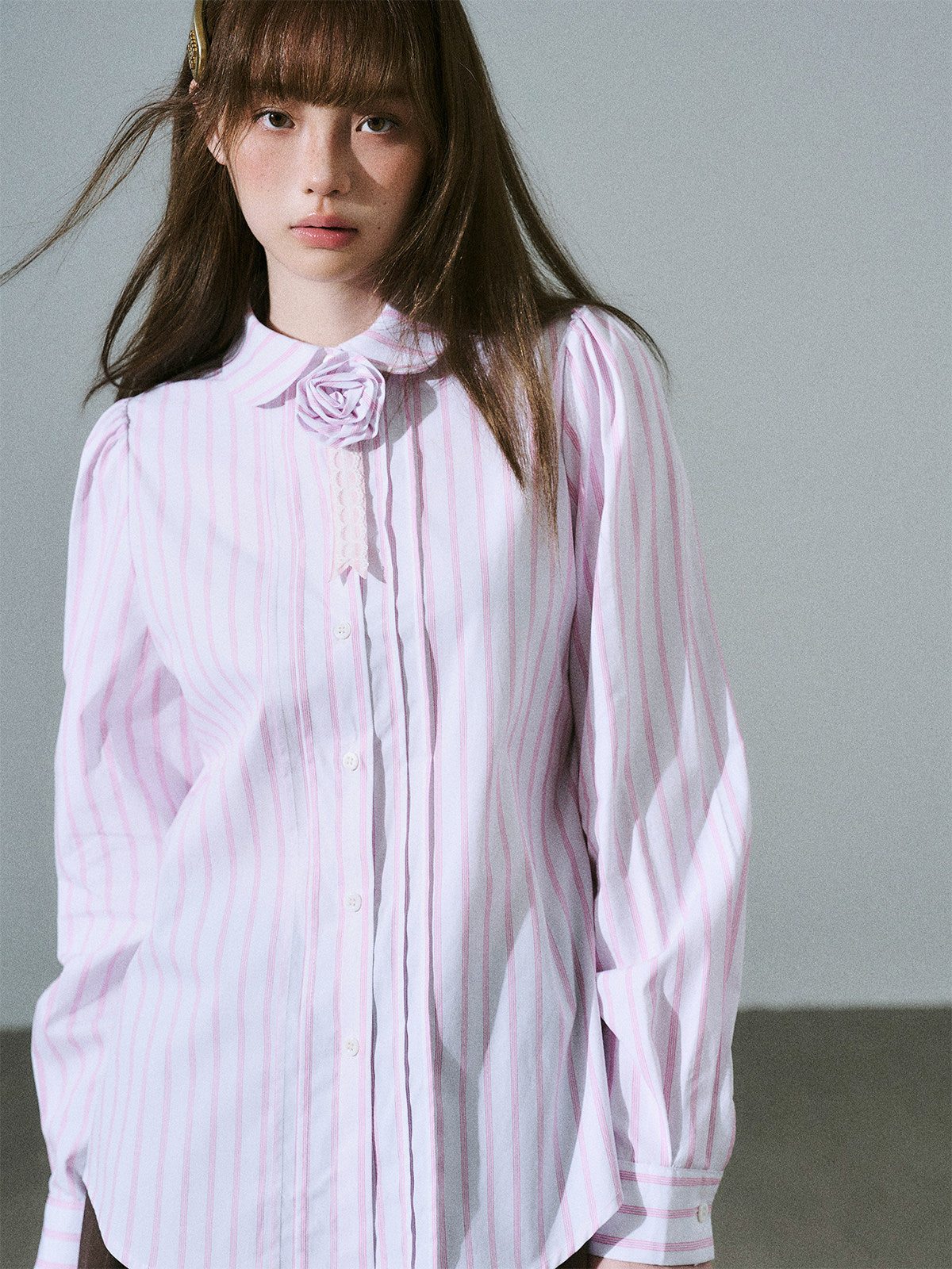 Lace & Flower Detail Stripe Long Sleeve Shirt