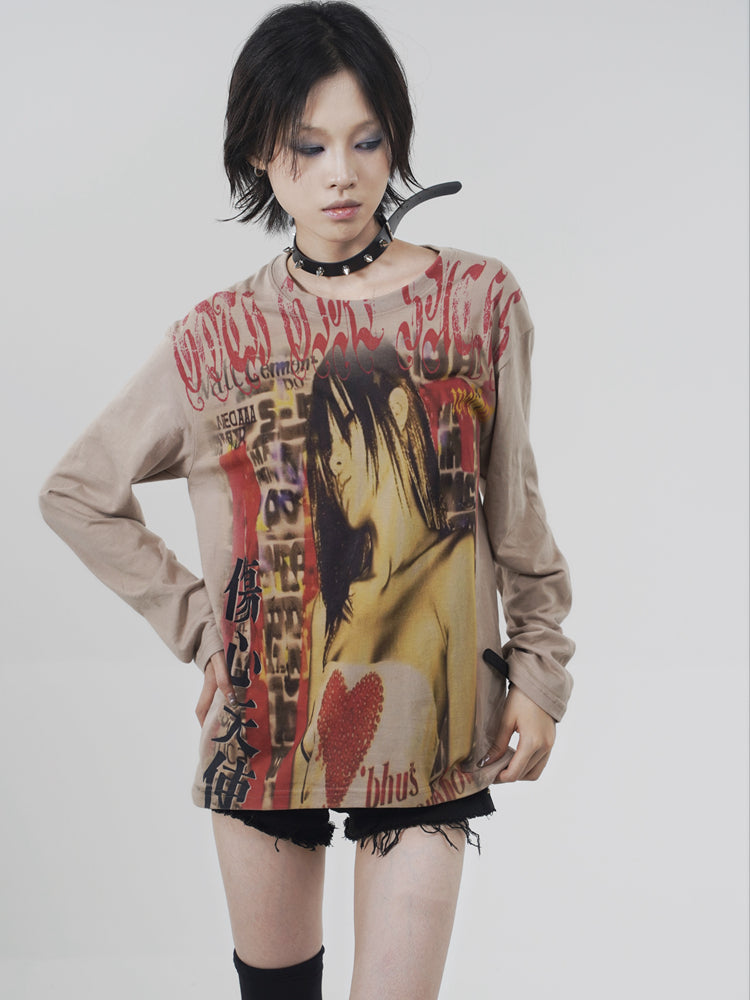 Y2k Japanese Punk Style "sad Angel" Brown Long Sleeve T-Shirt