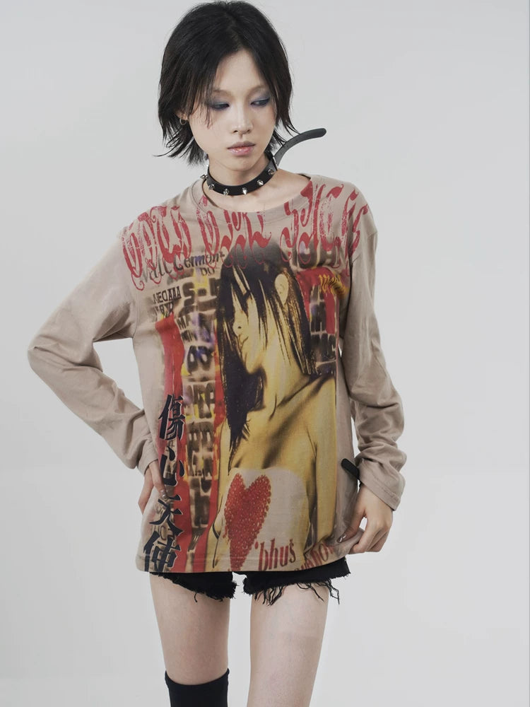 Y2k Japanese Punk Style "sad Angel" Brown Long Sleeve T-Shirt
