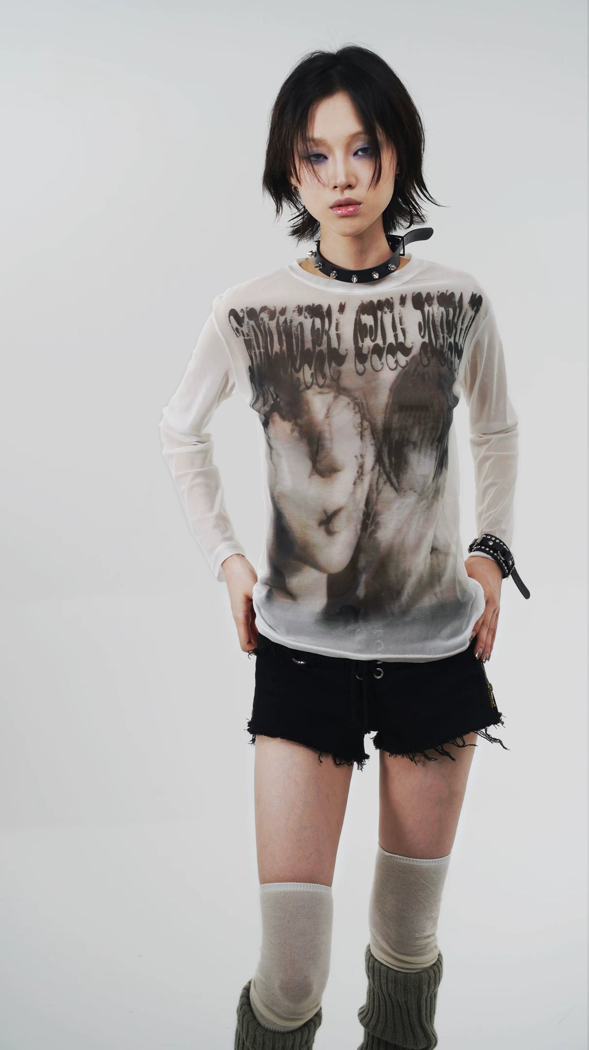 Goth Emo Artist Collaboration Mesh Long Sleeve T-Shirt