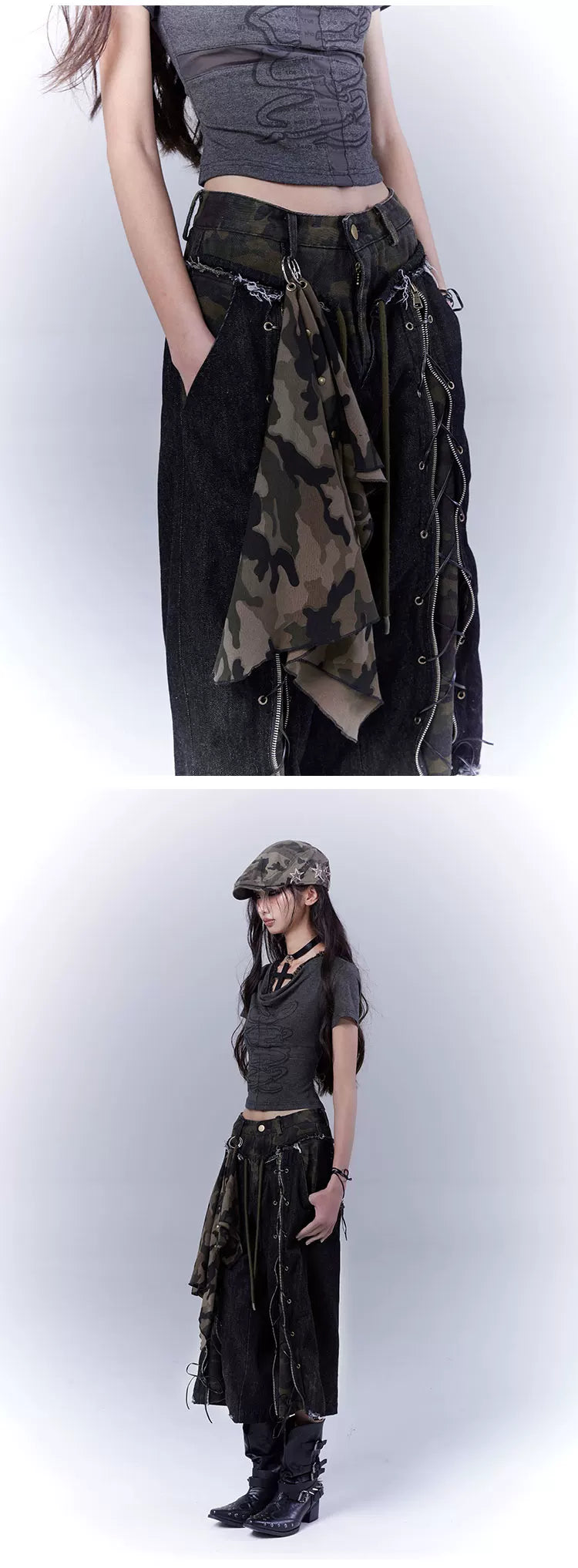 Camouflage Lace-Up Damage Cropped Denim Jeans & Scarf Set