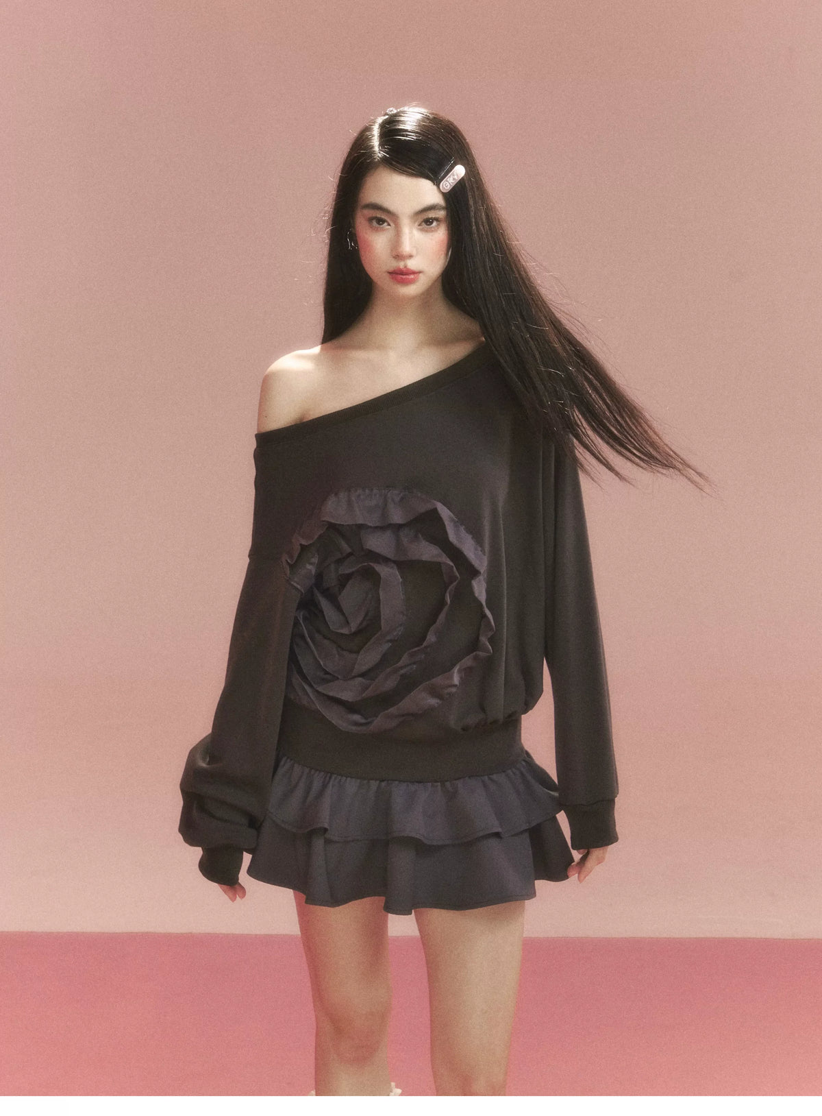 Flower Ruffle Sweatshirt Mix Dress