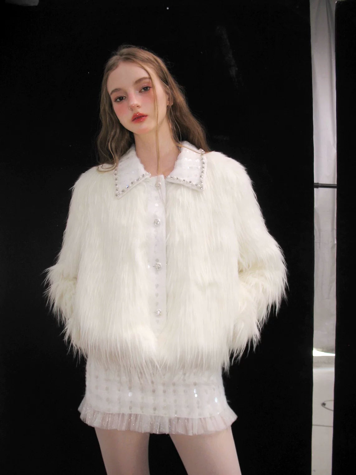 Eco Fur Warm Jacket & Short Skirt & Long Skirt Setup