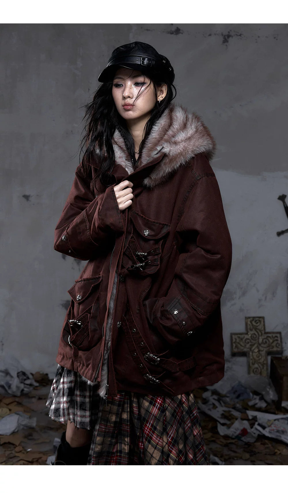 Fake Fur Hooded Multi-Pocket Buckle Detail Jacket