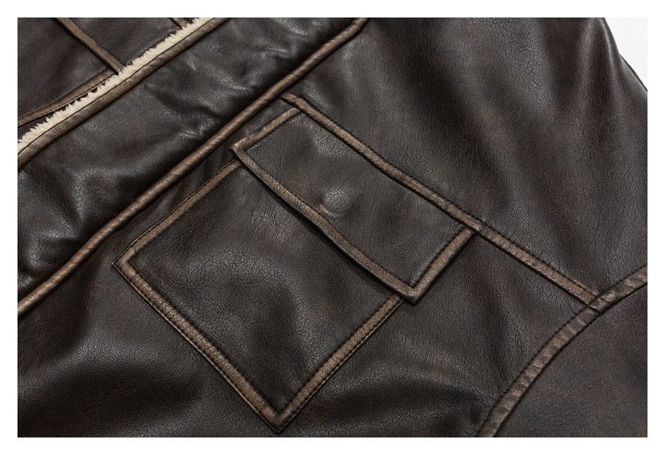 Veste unisexe vintage doublée de laine et de cuir