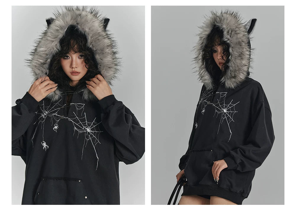 Spider Web Print Fur Collar Cat Ear Oversize Zipper Hoodie