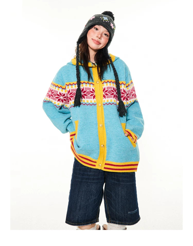 Contrast Pattern Hooded Knit Cardigan