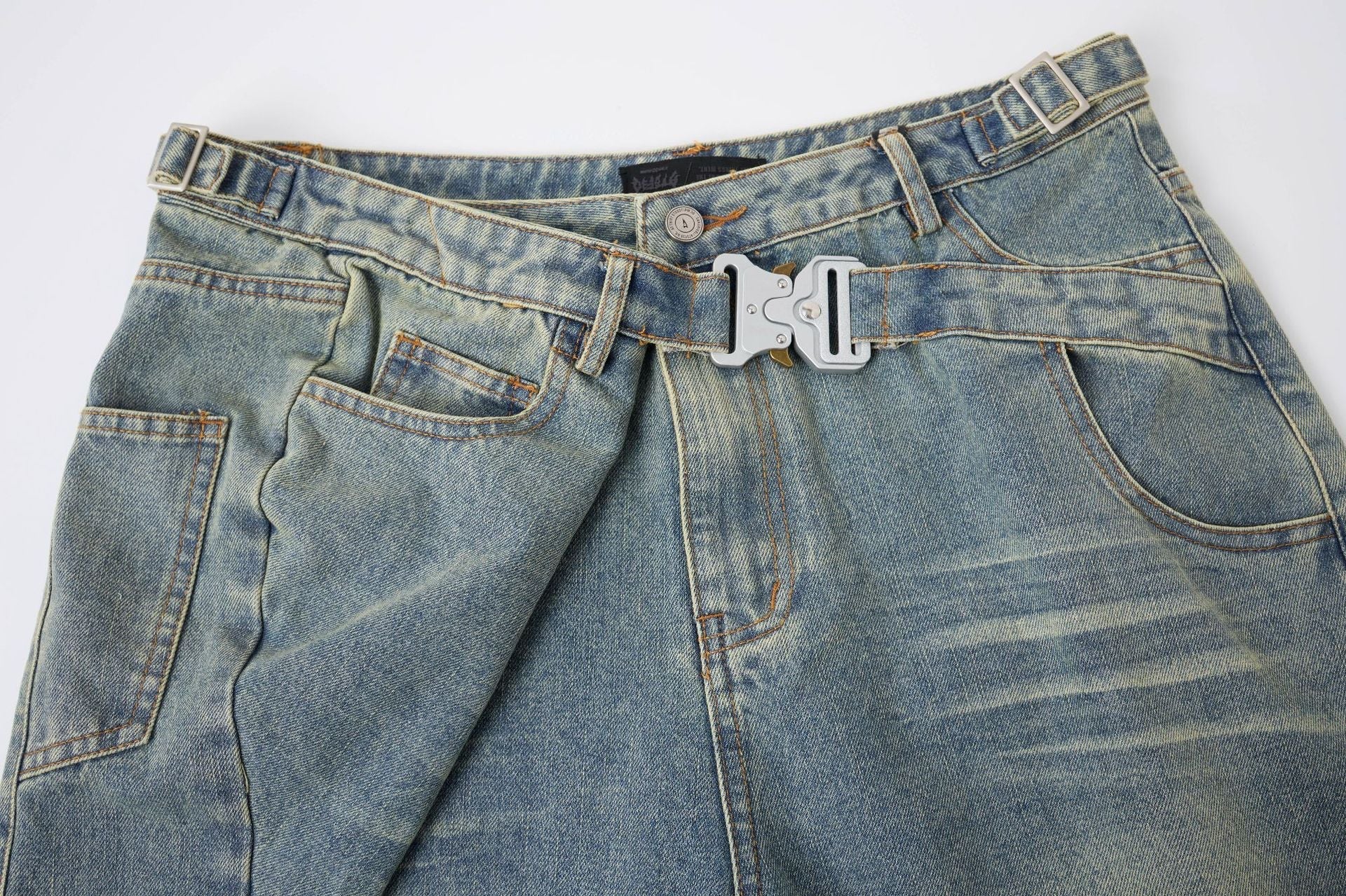 Washed Whisker Metal Buckle Denim Jort