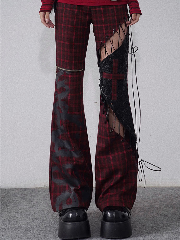Tie-Strap Hollow-Out Plaid Patchwork PU Leather Pants