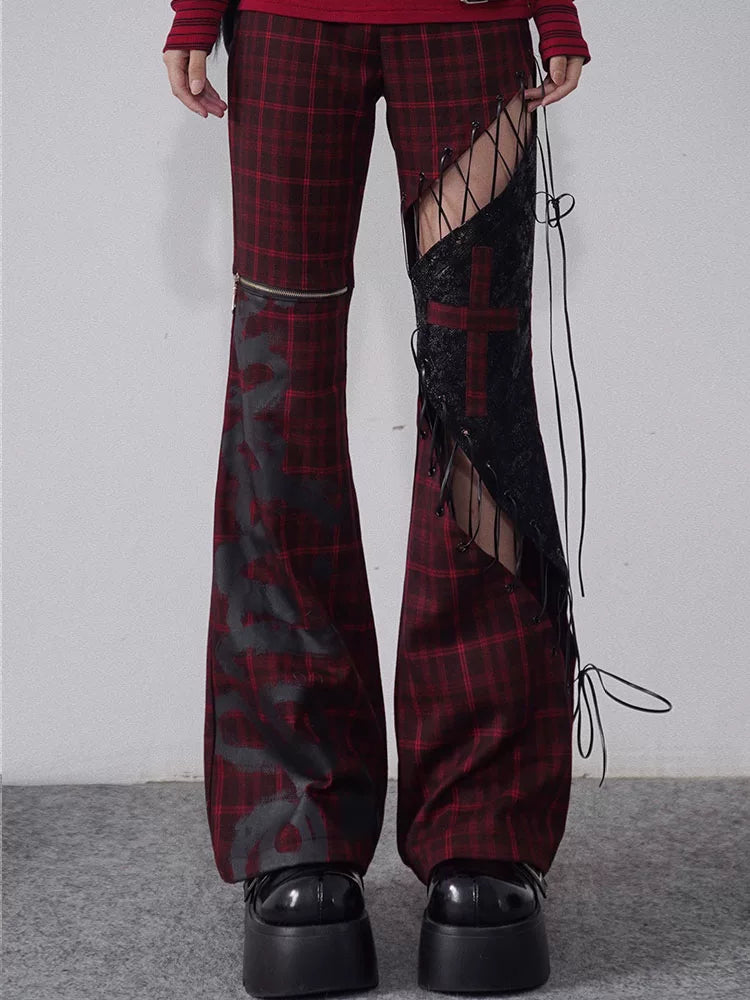 Tie-Strap Hollow-Out Plaid Patchwork PU Leather Pants