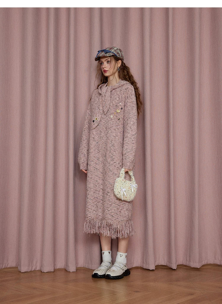 Robe longue ample à manches longues en maille avec capuche