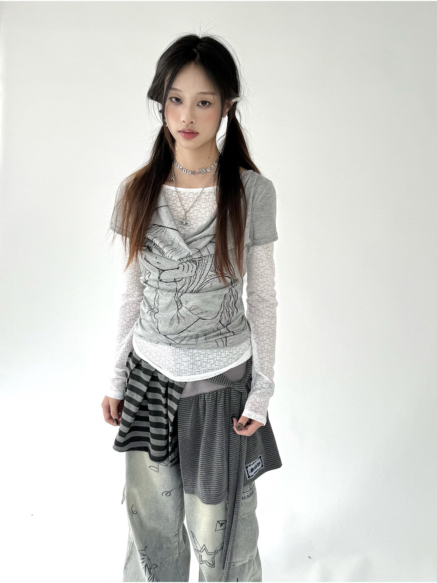 Fake Layered Draped Print Long Sleeve T-Shirt