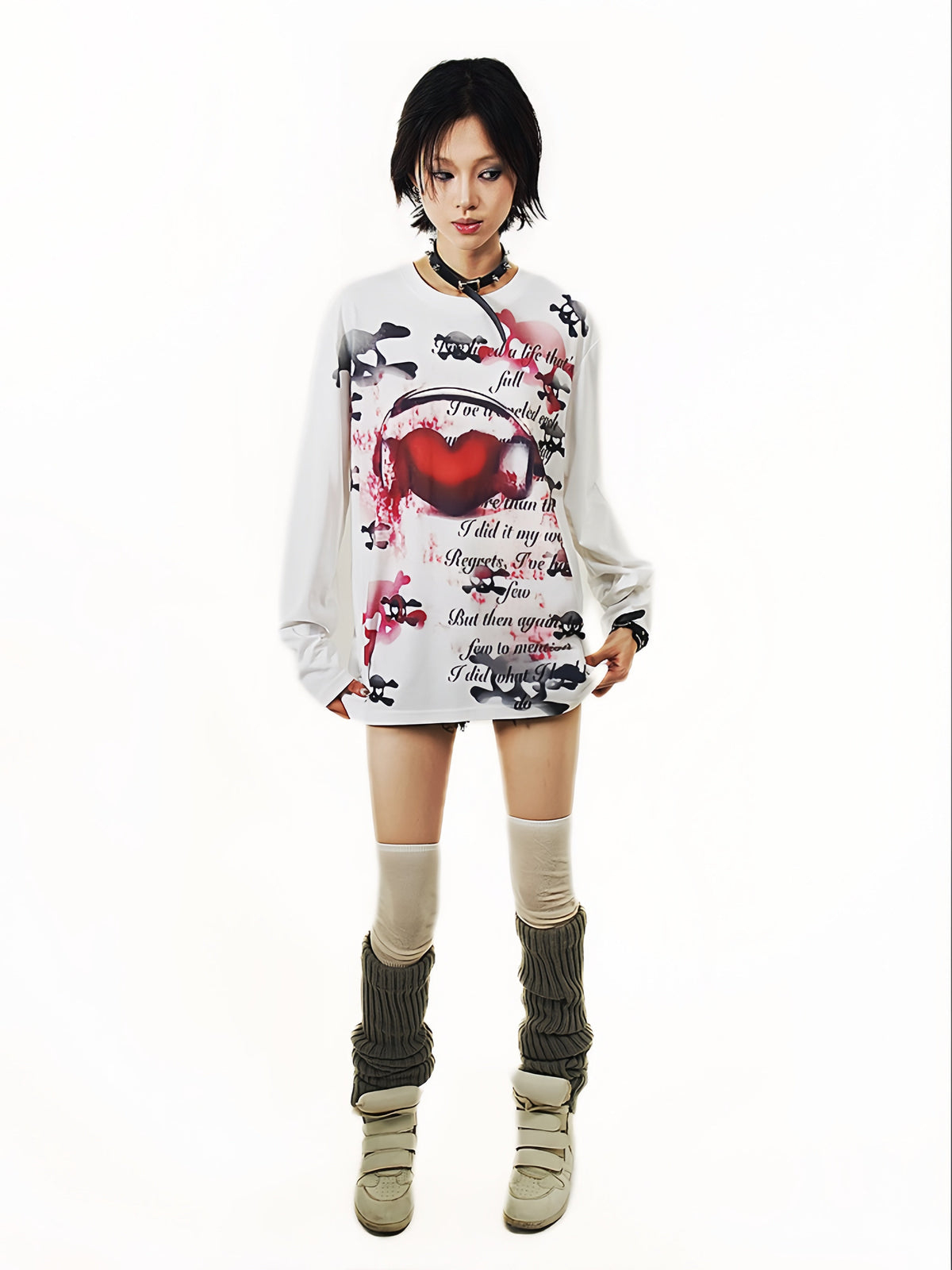 Heart Skull Print Long Sleeve T-Shirt