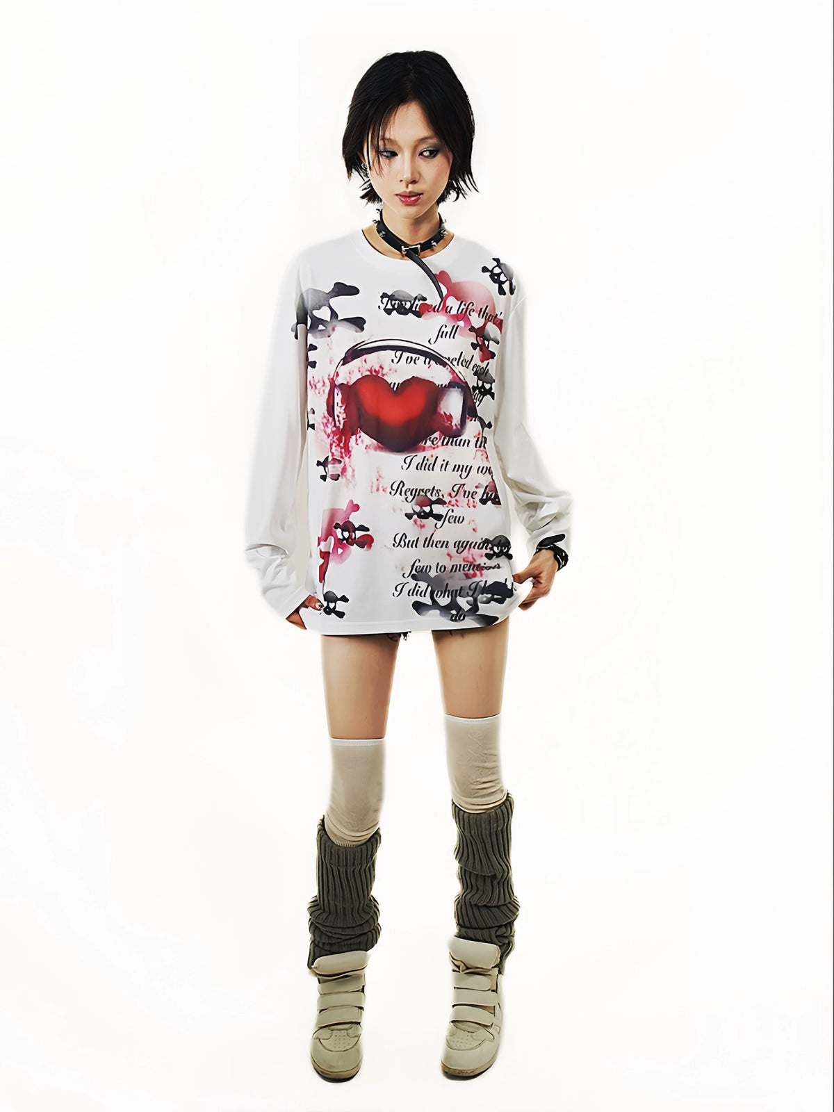 Heart Skull Print Long Sleeve T-Shirt