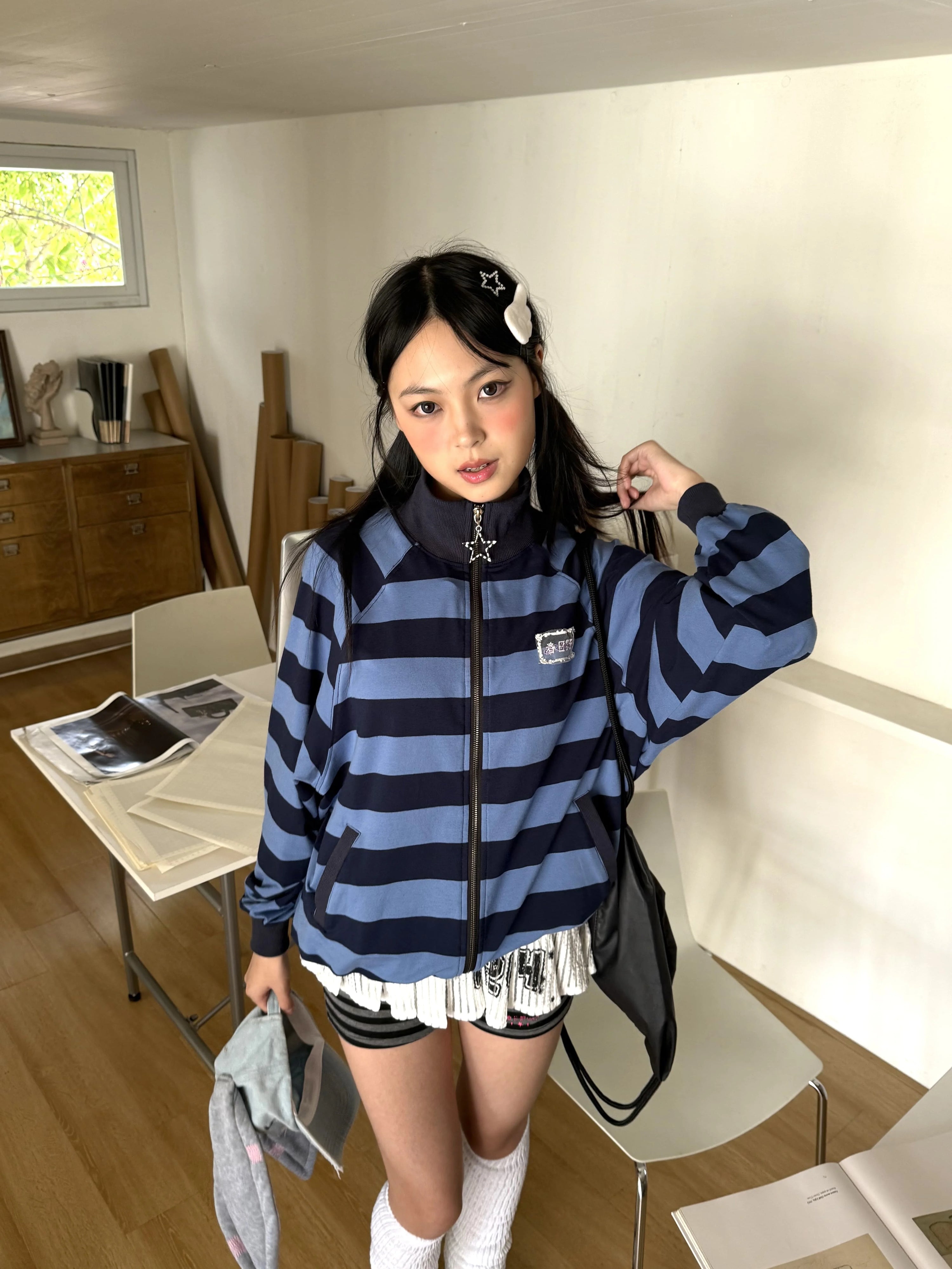 Striped Oversize Stand Collar Zipper Jacket