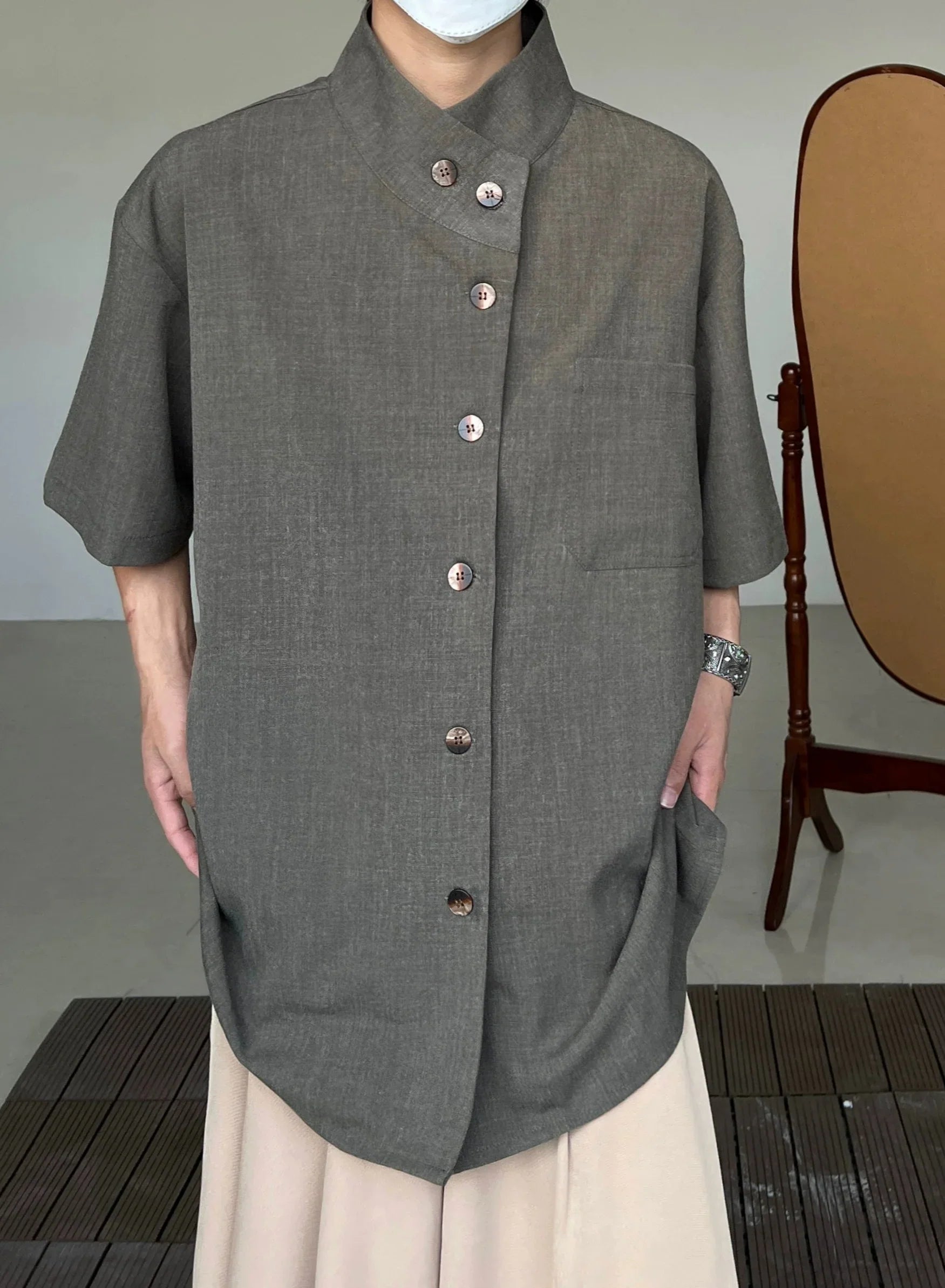 Minimalist Stand Neck Short Sleeve Shirt
