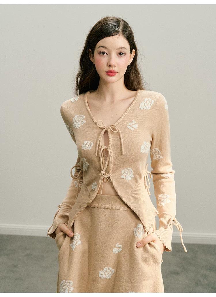 Rose Design Knit Cardigan & Knit Short Skirt Setup