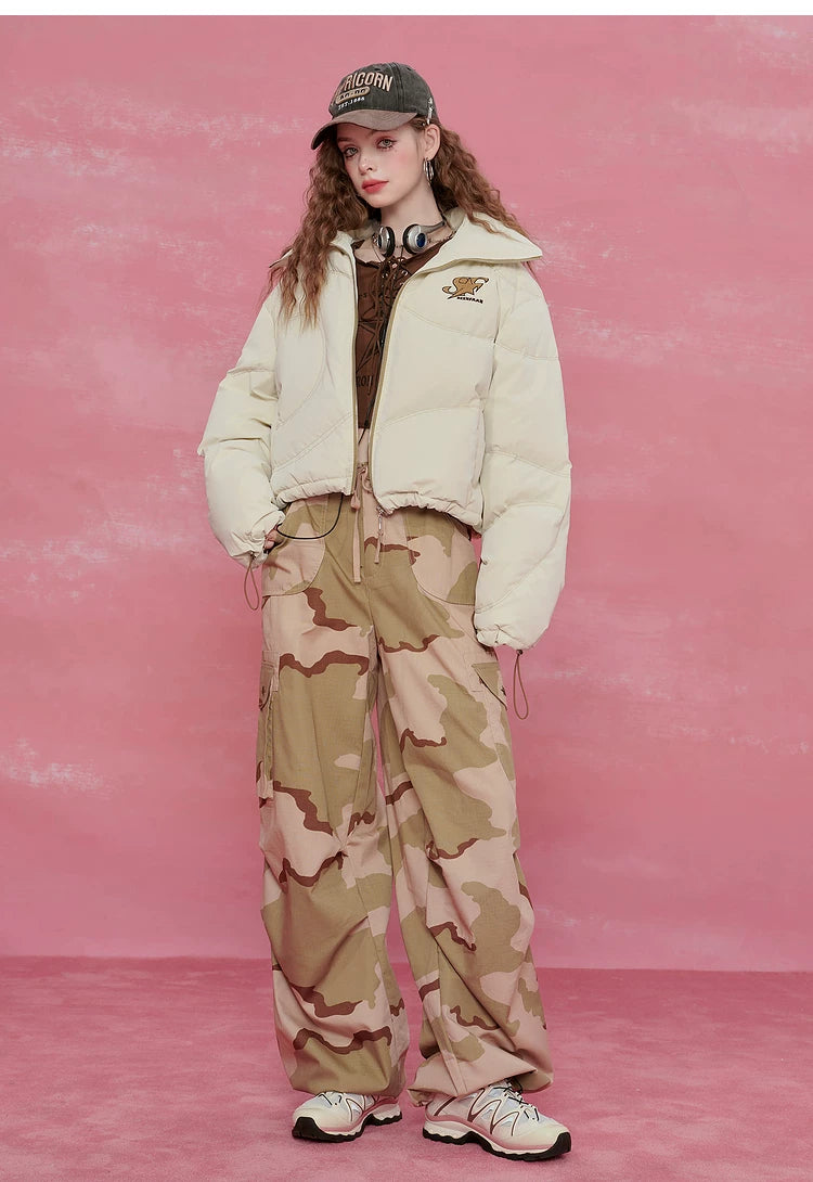 Letter Print High-Neck Short White Duck Down Jacket