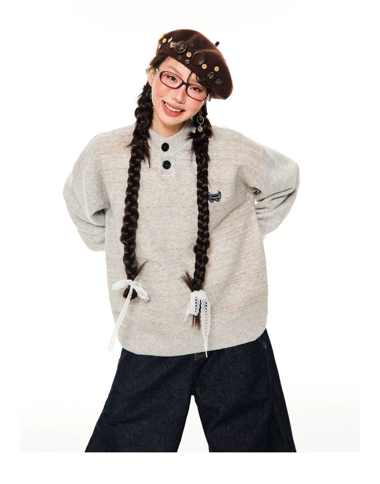 Button-Detail Stand Neck Knit Sweater