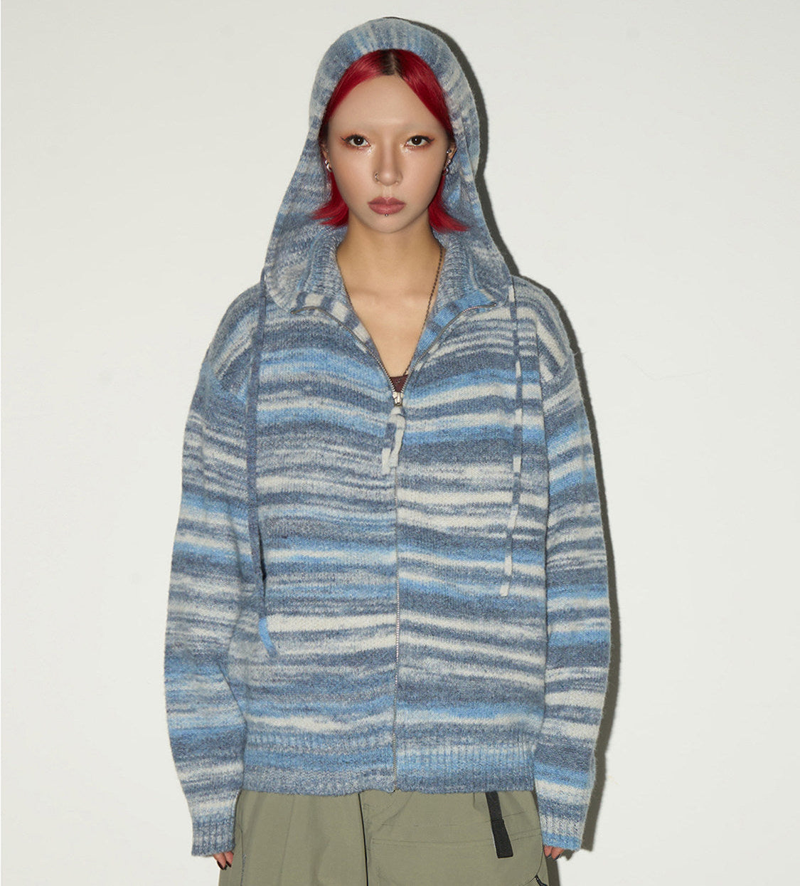 Stripe Hooded Zipper Knit Cardigan