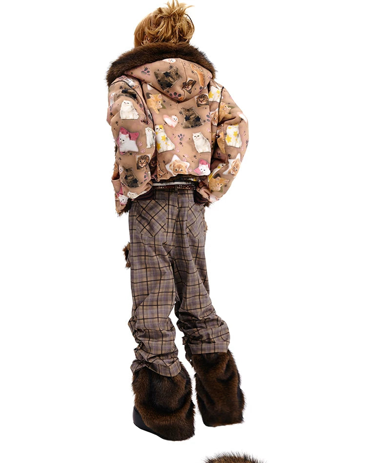 Cat Print Reversible Fur Zipper Jacket