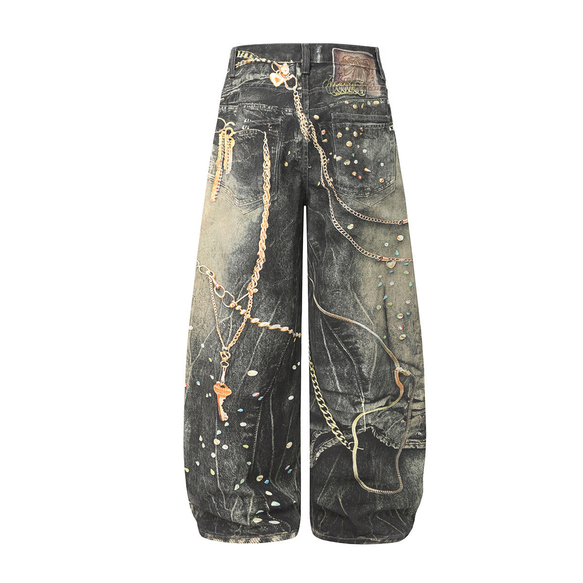 Chain Paint  3D Print Washed Wide Leg Denim Jeans