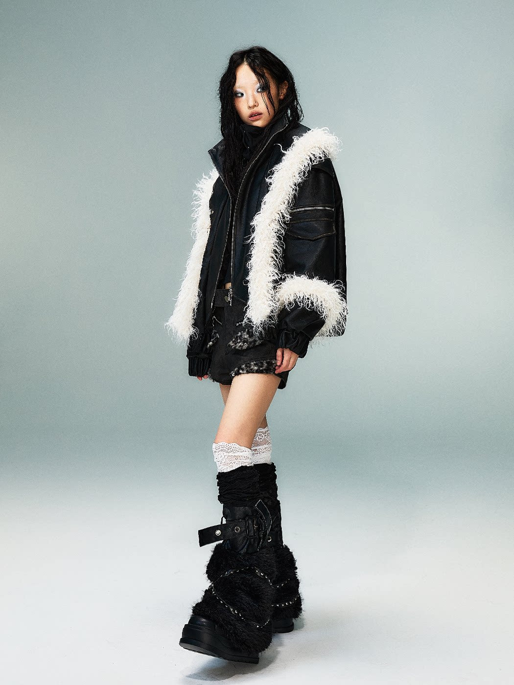 Fake Layered Washed Thickened PU Leather Padded Short Jacket