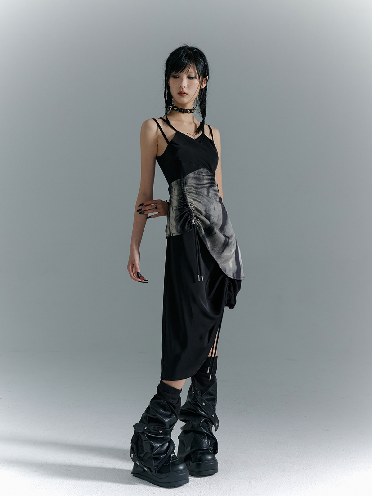 Drawstring Asymmetrical Hem Camisole Midi Dress