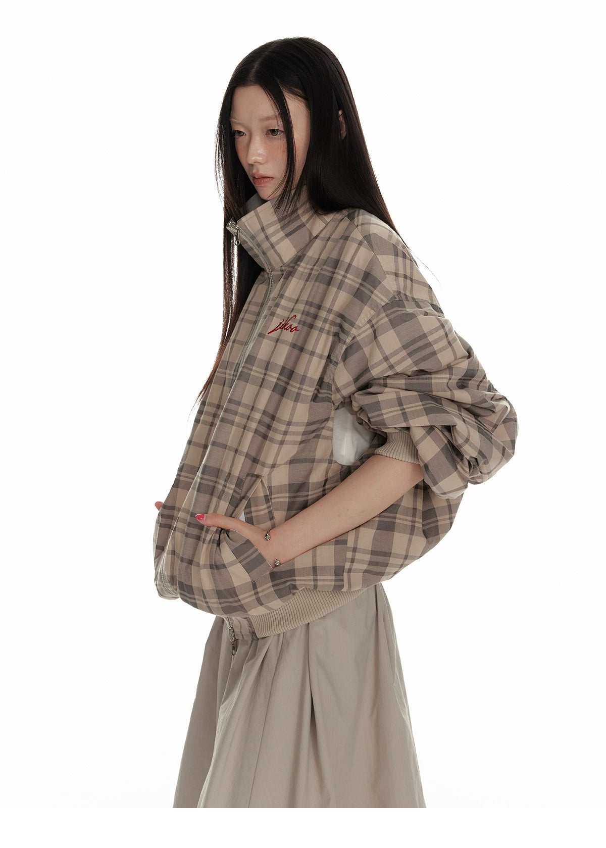 Hollow Star Stand Neck Recersible Jacket & Recersible Plaid Skirt Setup
