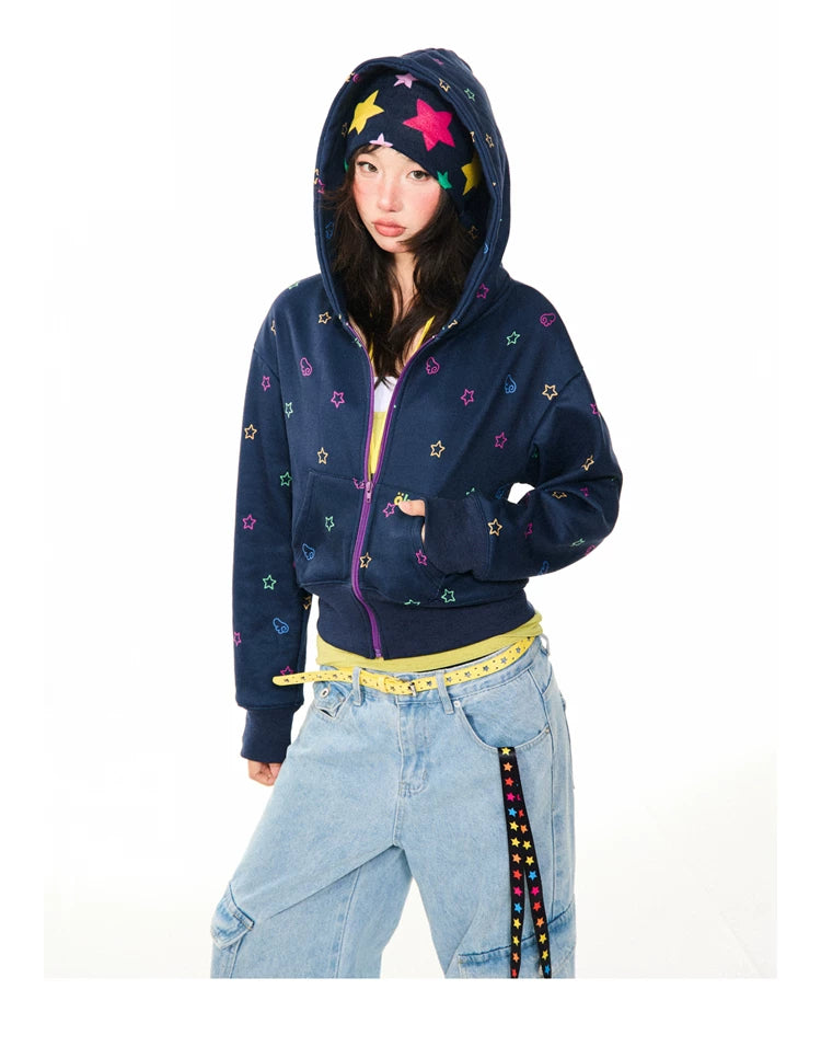 Star Print Fleece Zipper Hoodie