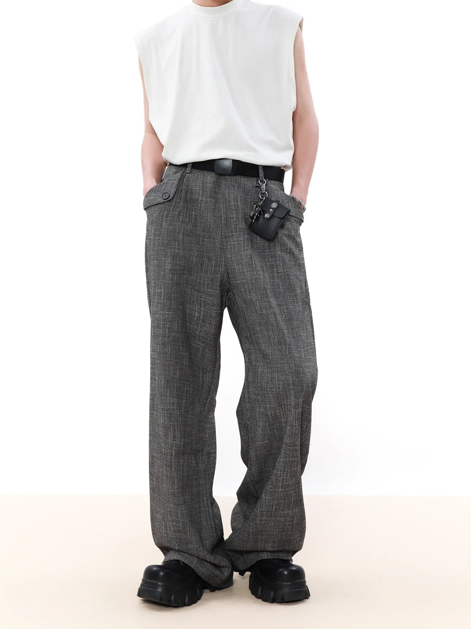 Flip Pocket Design Wide-Leg Straight Trousers