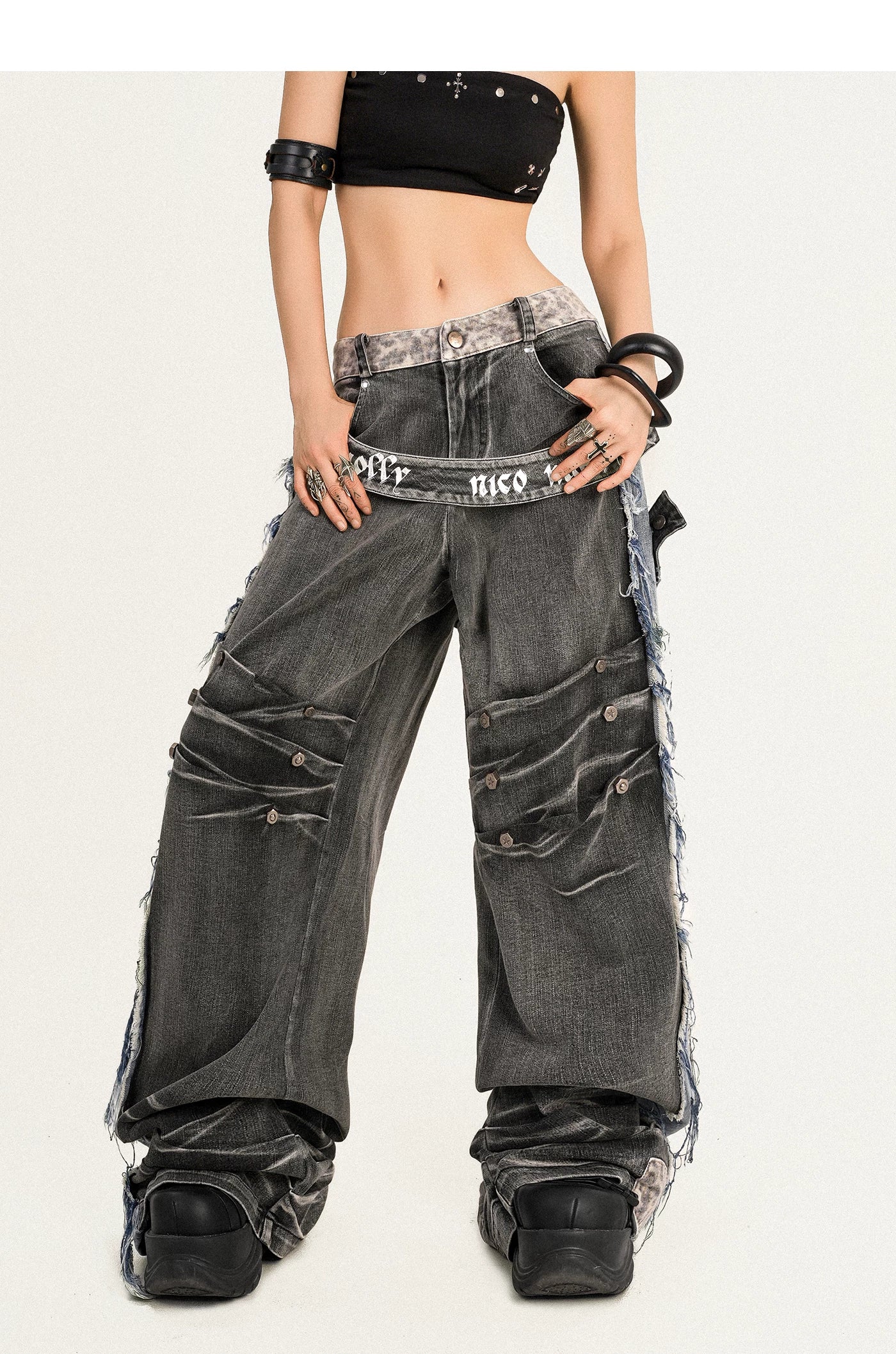 Damage Wash Raw Hem Wide Leg Denim Jeans