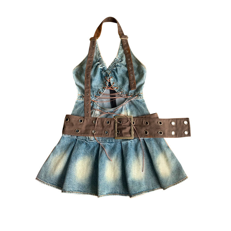 Denim Hollow-Out Tie-Strap Short Pleats Dress