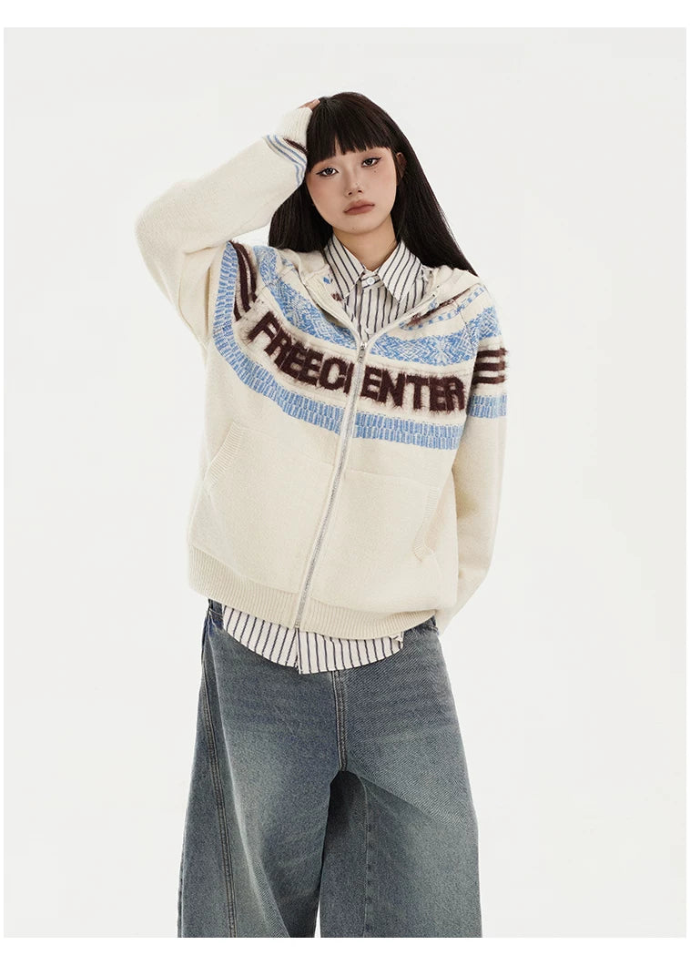 Fair Isle Hooded Detachable Fur Collar Knit Cardigan