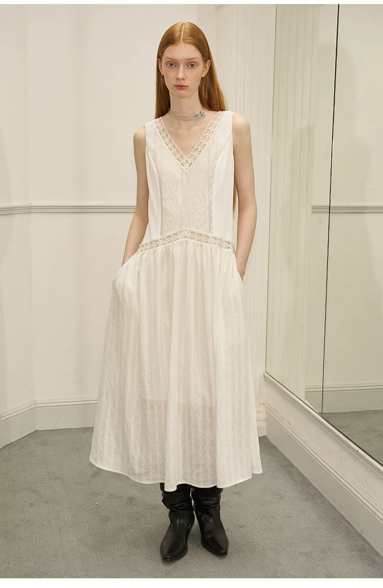 V-Neck Lace Stripe Splicing Sleeveless Long Dress
