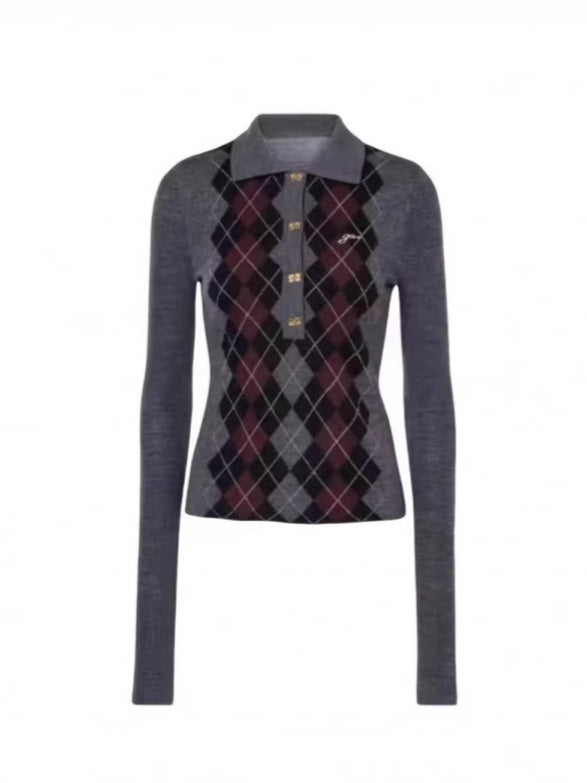 V-neck Knitted Rhombus Pattern Sweater