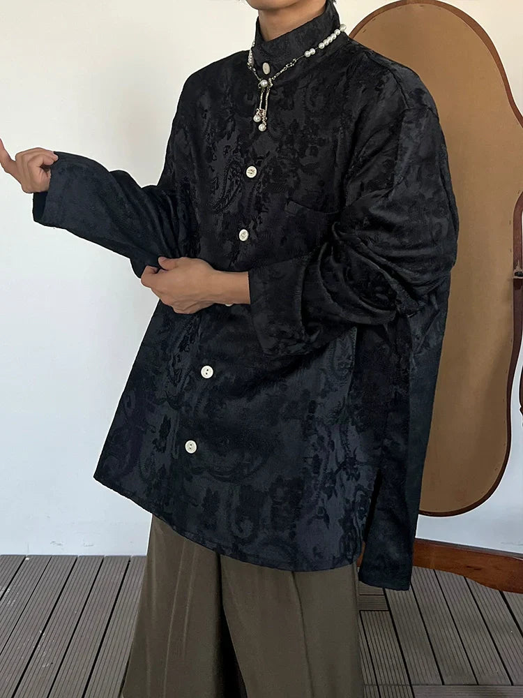 Embroidery Jacquard Stand Neck Long Sleeve Shirt