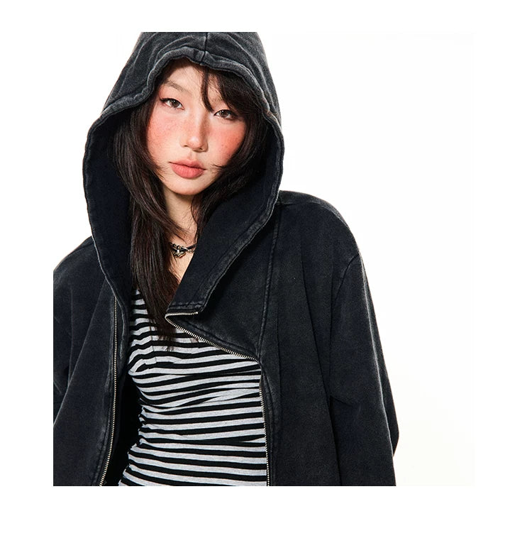 Asymmetrical Zipper Oversize Hooded Jacket