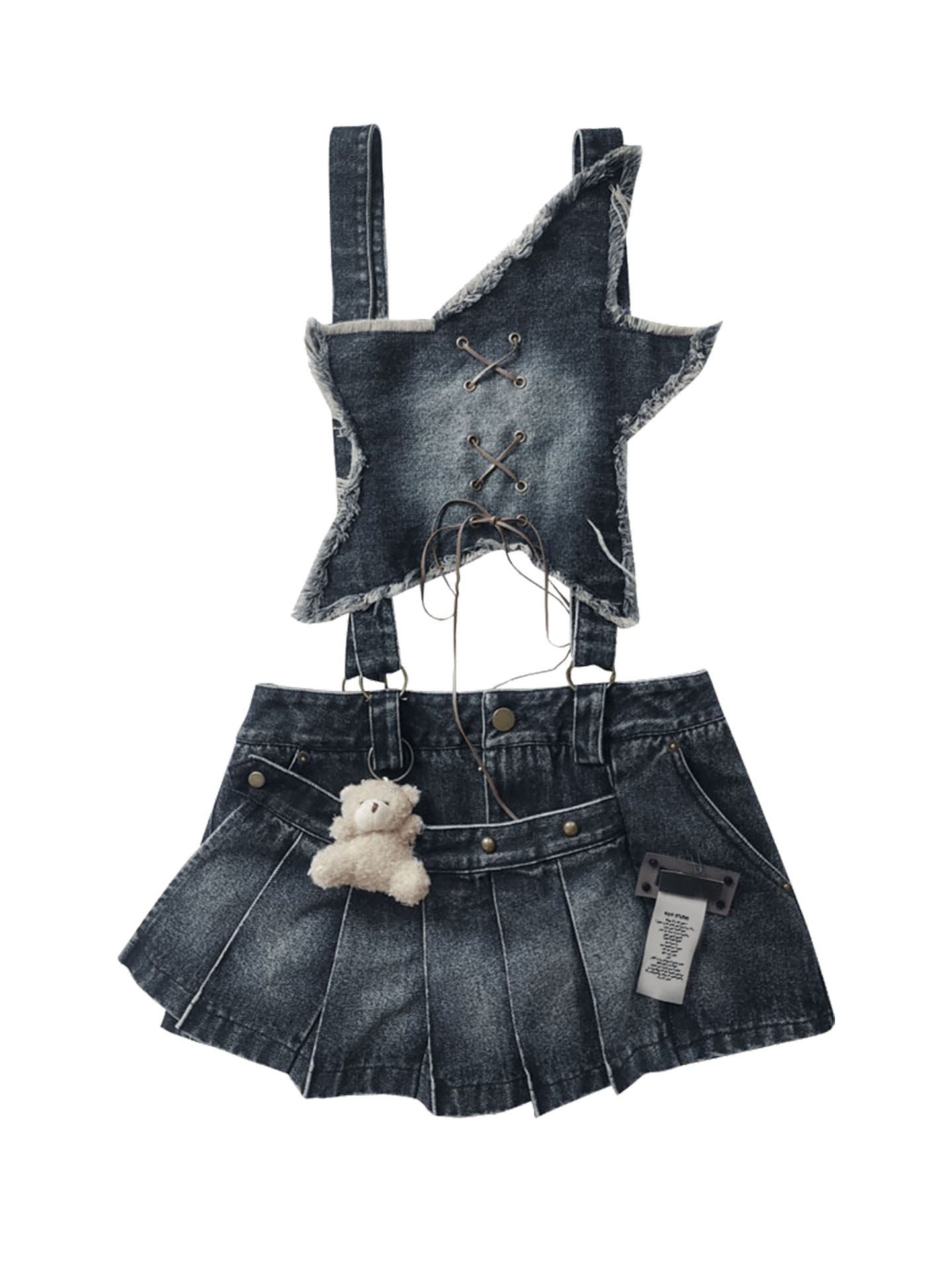 Detachable Washed Suspender Denim Short Skirt & Inner Shirts Set
