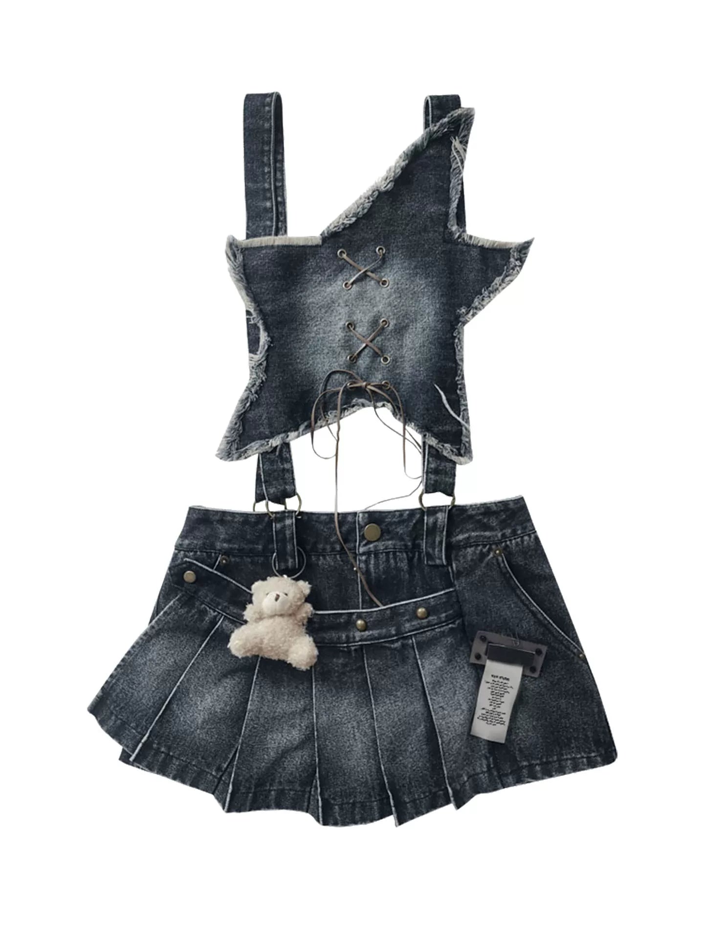 Detachable Washed Suspender Denim Short Skirt & Inner Shirts Set