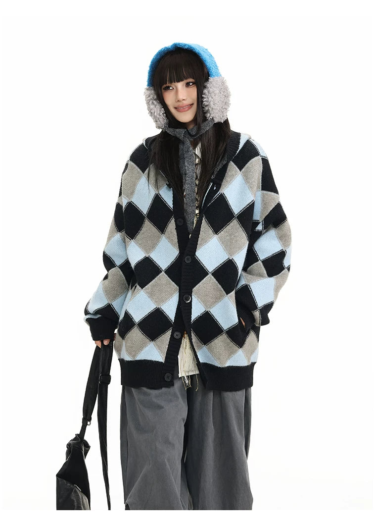 Heavyweight Diamond Pattern Oversize Hooded Knit Cardigan & Knit Sweater