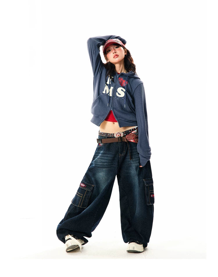 Heart Letter Print Stripe Cropped Zipper Hoodie