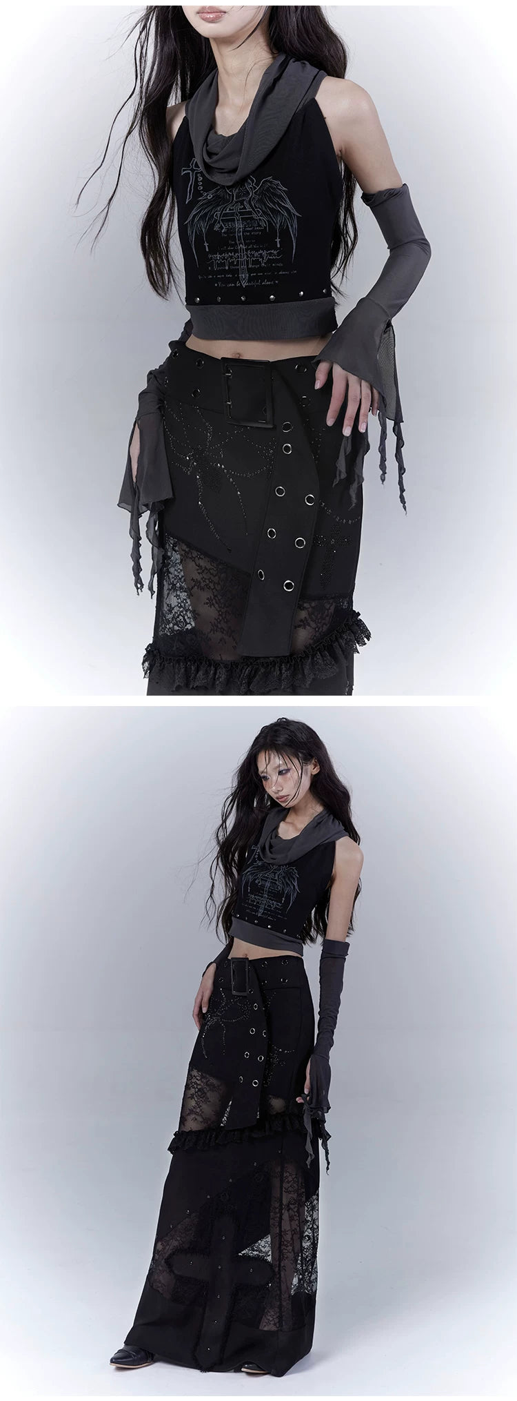 Rivet Print Patchwork Sleeveless T-Shirt & Arm Cover Set