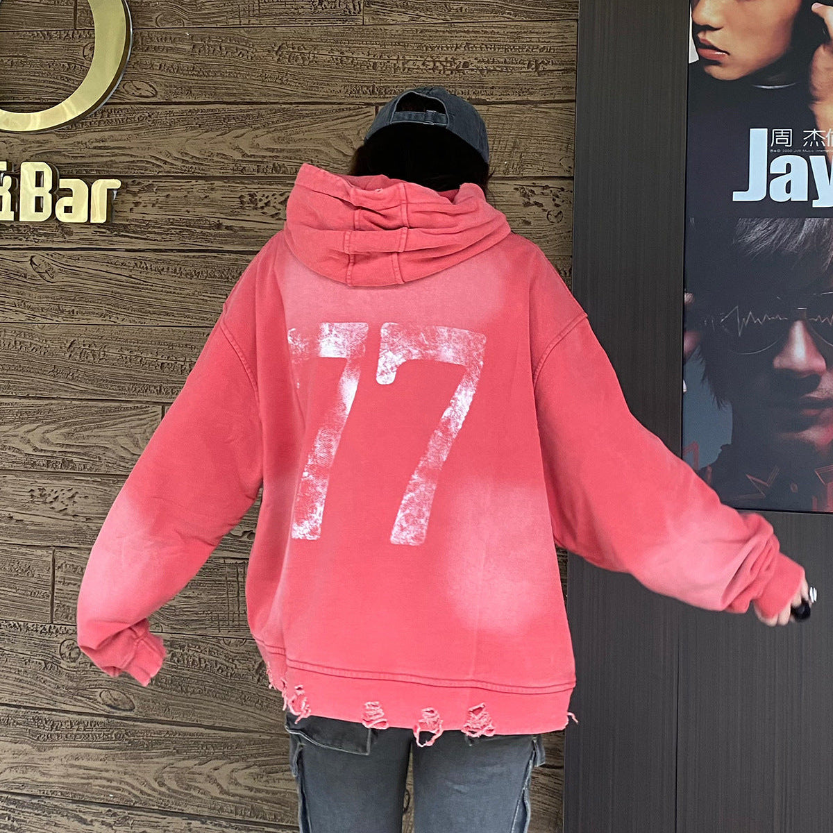 Washed Letter Rhinestone Design Damage Hoodie
