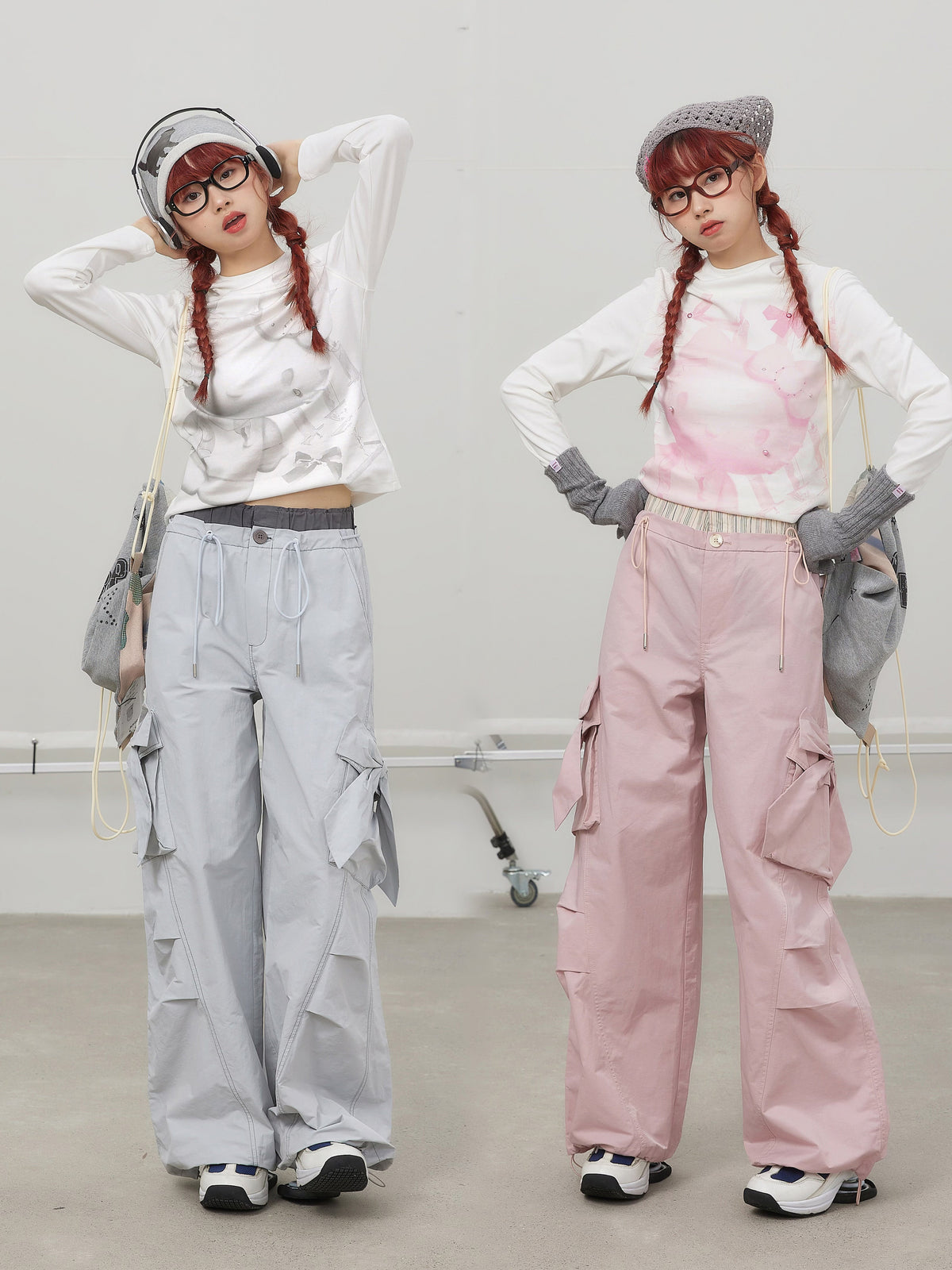 3D Bow Contrast Patch Pockets & Double Waistband Wide-Leg Pants