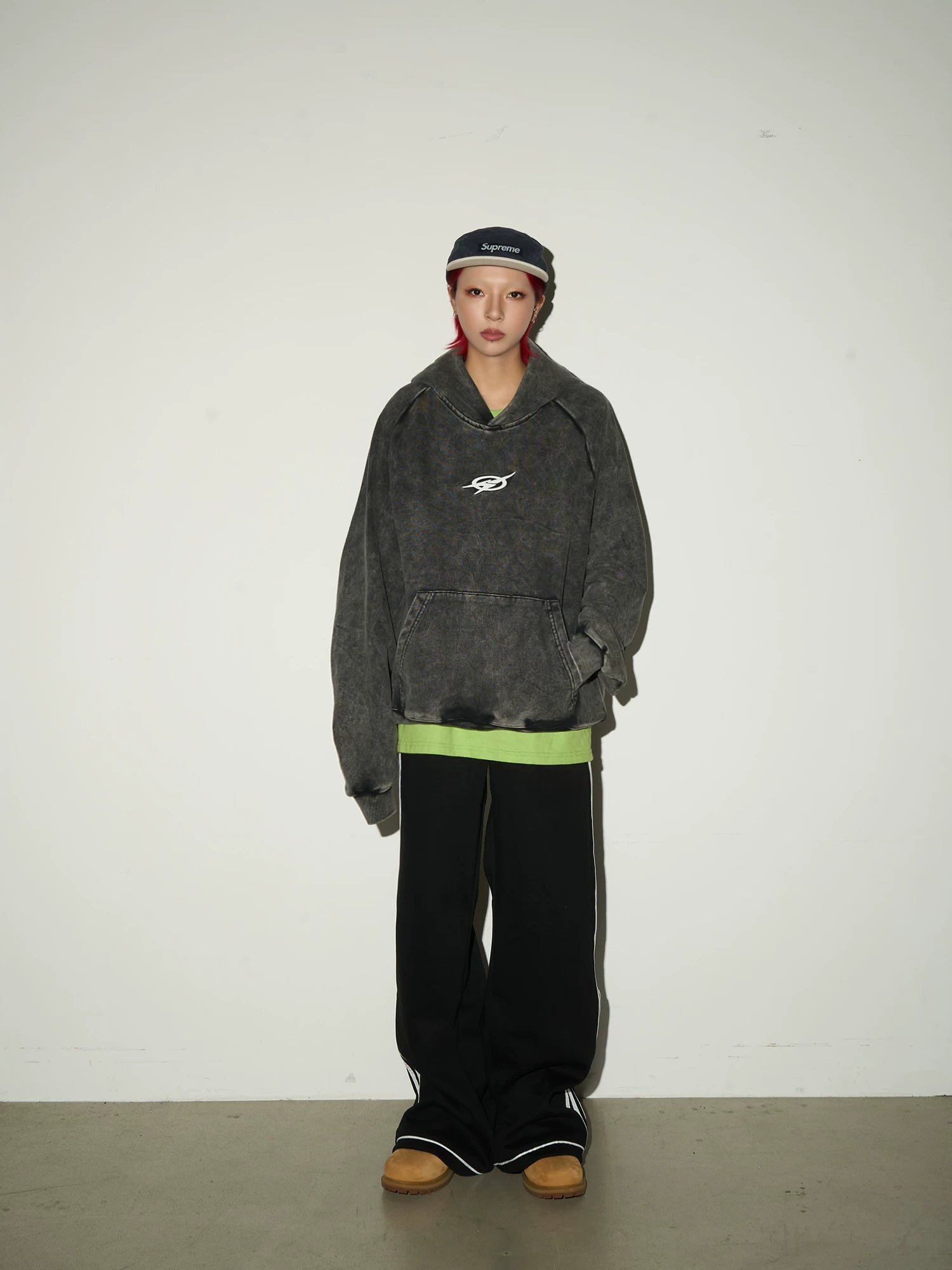 Washed Pleated Sleeve Oversize Pullover Hoodie