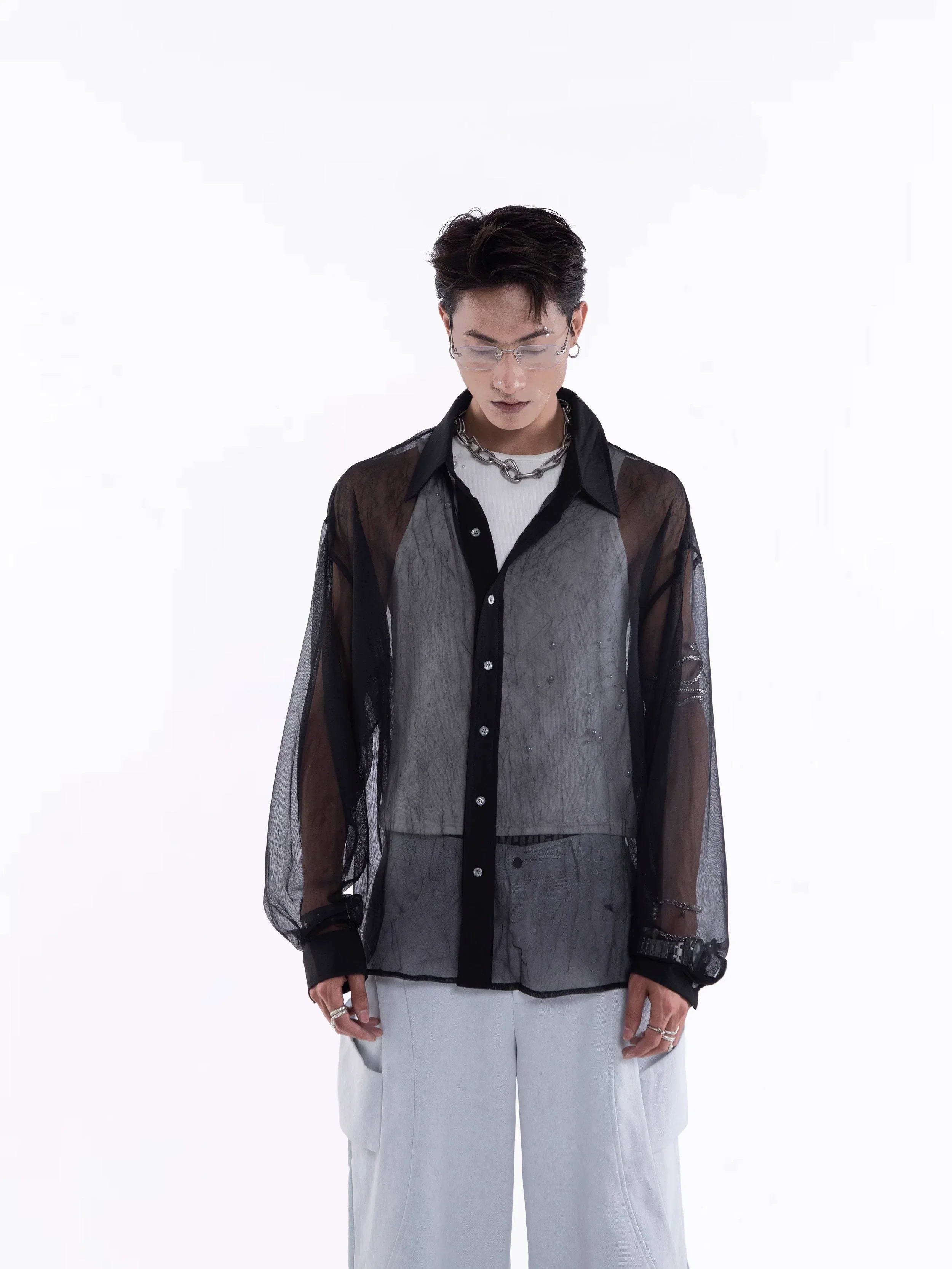 Sheer Draped Oversize Long Sleeve Shirt