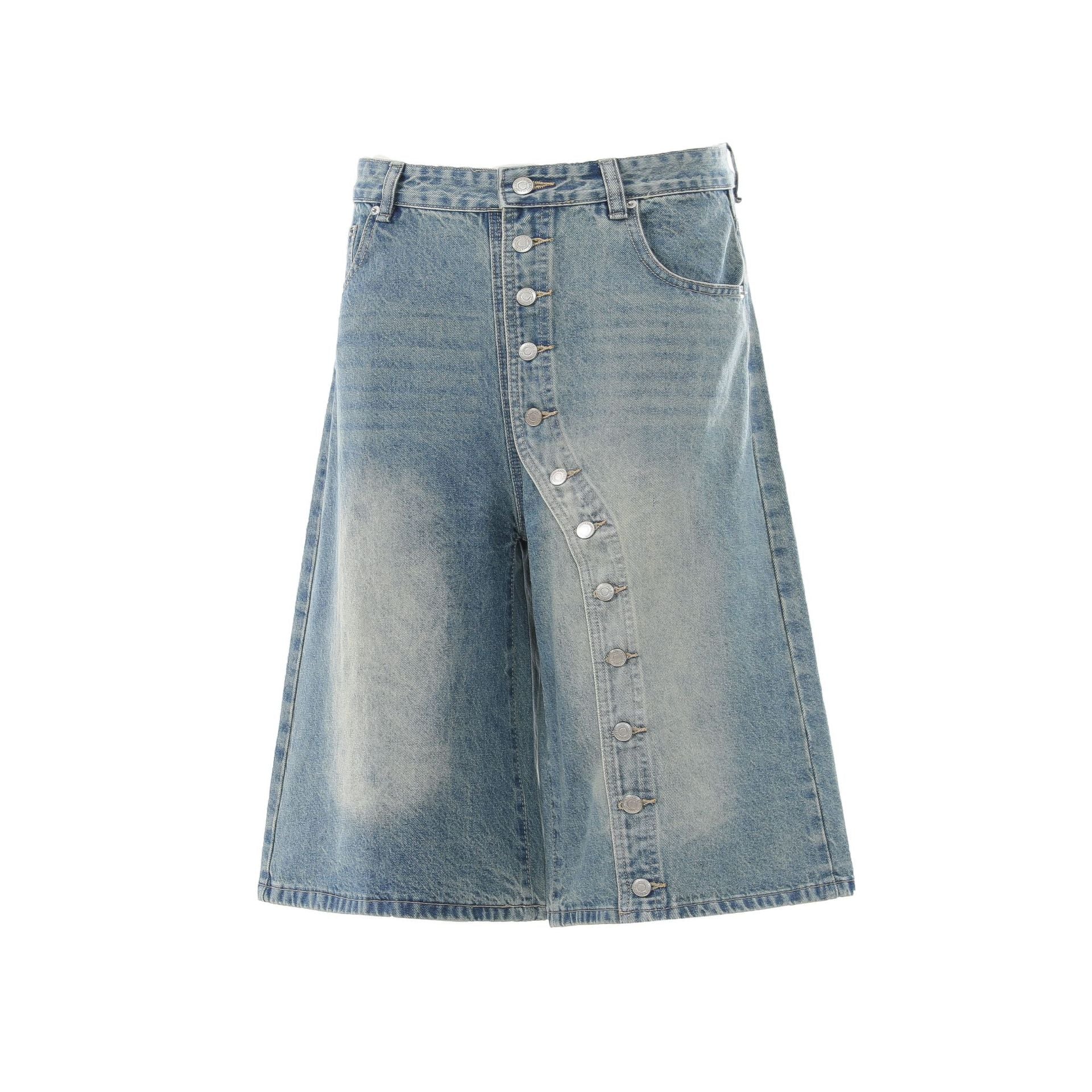 Raw Asymmetrical Button Denim Jort